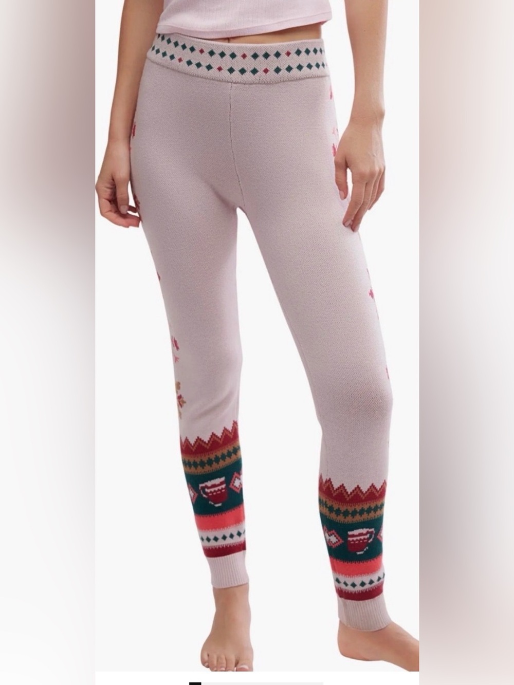 Free People Light Pink Falala Knit Leggings with Multicolor Fair Isle Cuffs